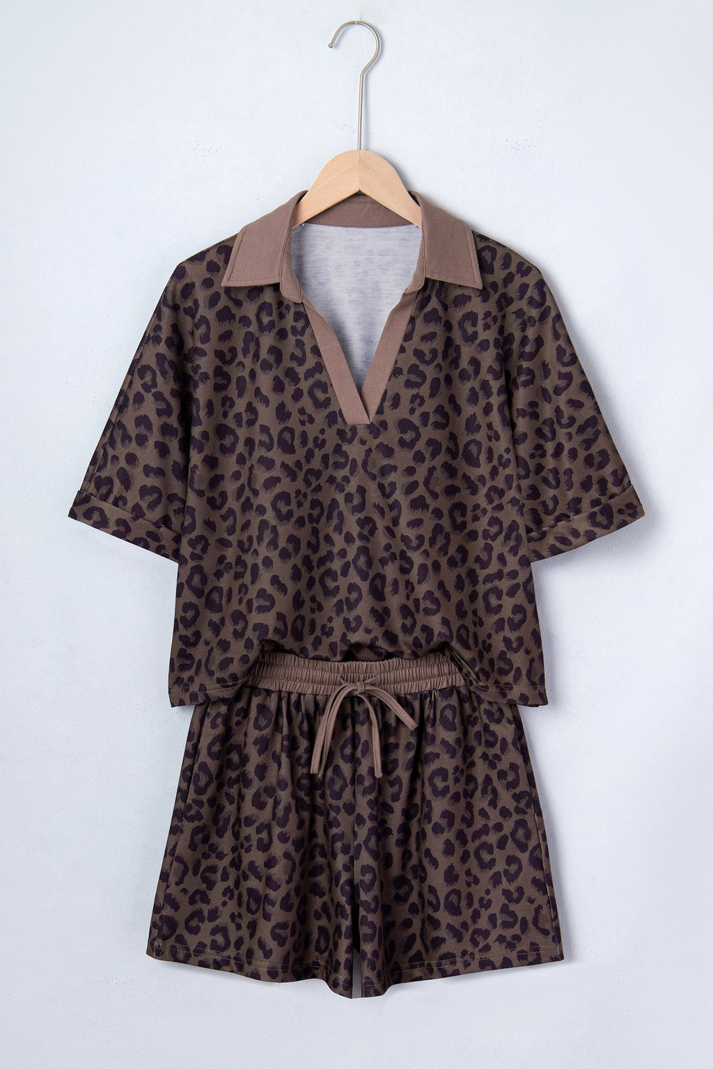 Leopard Print V-Neck Collared Top & Relaxed Shorts Set