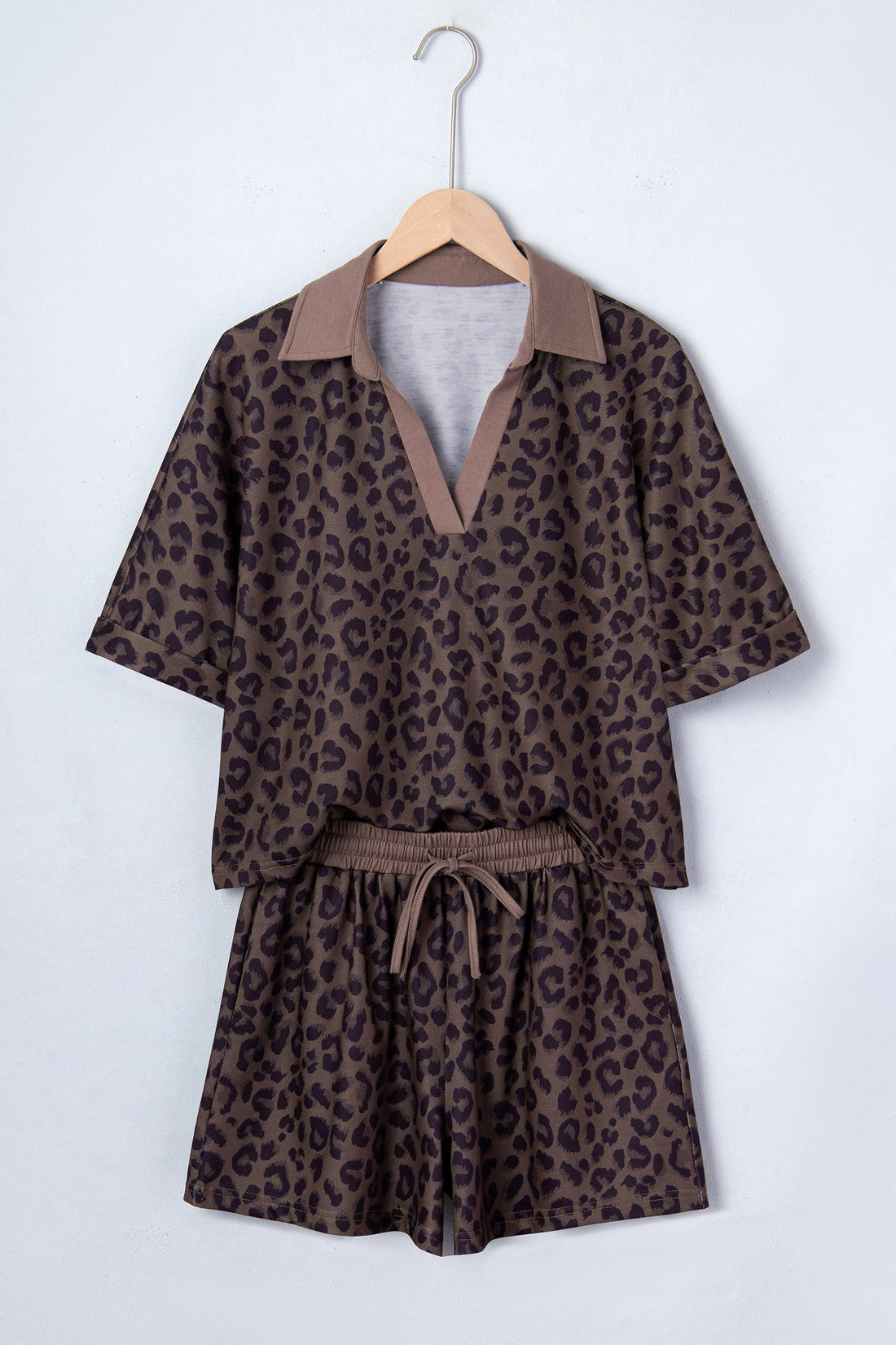 Leopard Print V-Neck Collared Top & Relaxed Shorts Set