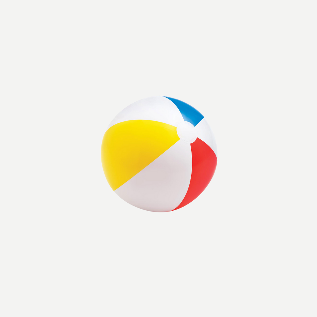 A classic multicolored glossy inflatable beach ball with red, yellow, and blue panels on a white background.