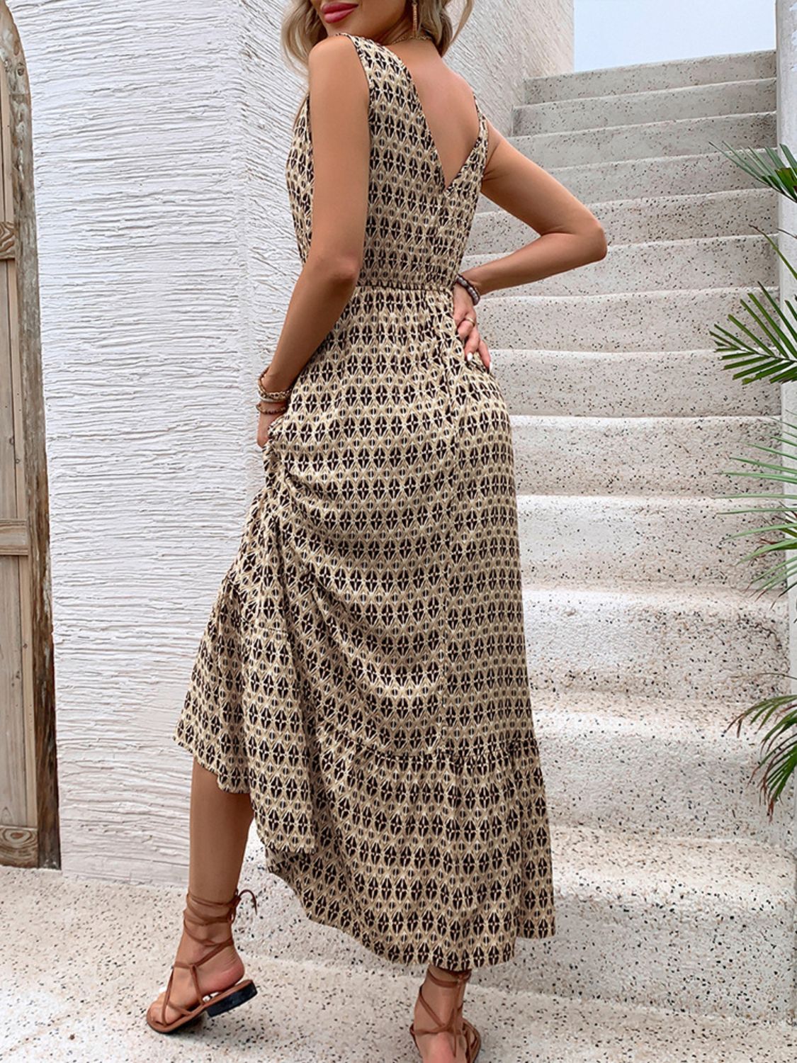 Vintage Printed V-Neck Midi Dress with Tie Waist