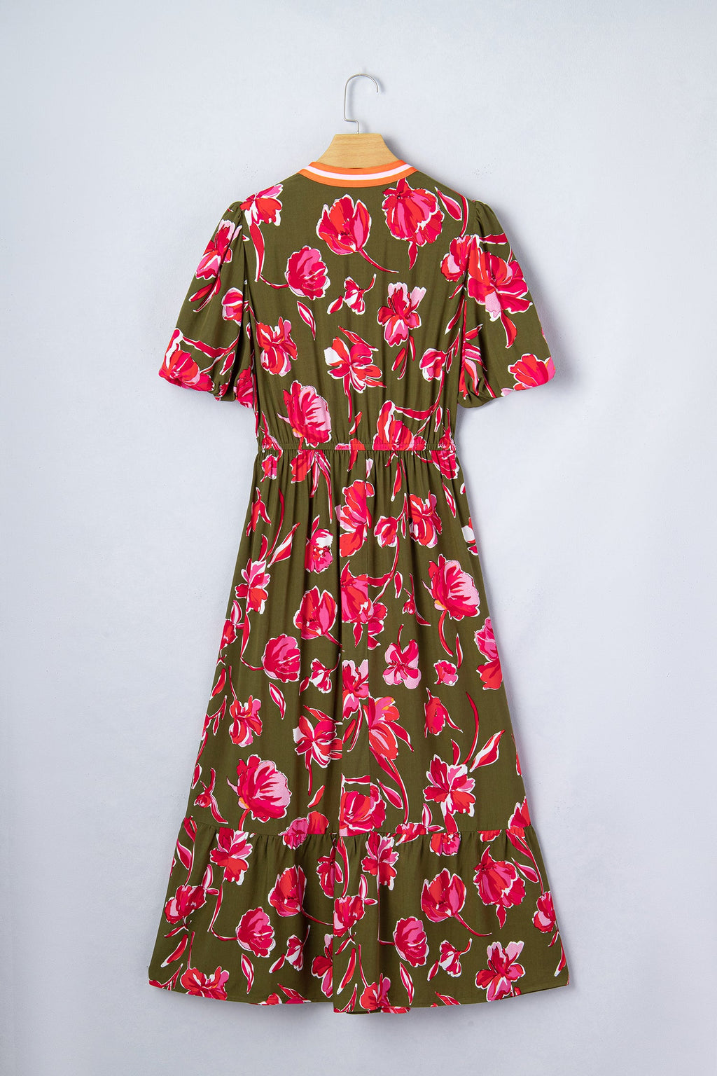 Women's Floral Maxi Dress with Striped Trim & Puff Sleeves