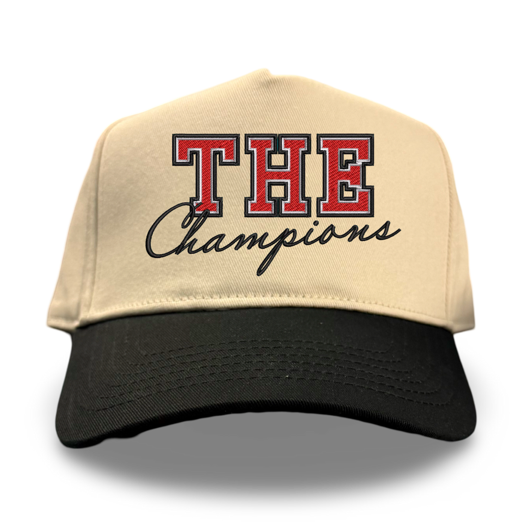The Mother In Law hat in beige, black, and red cotton with Last Stand branding.