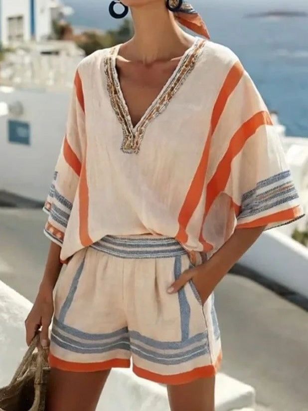 Women’s Linen Striped V-Neck Top and Shorts Set - Image 6