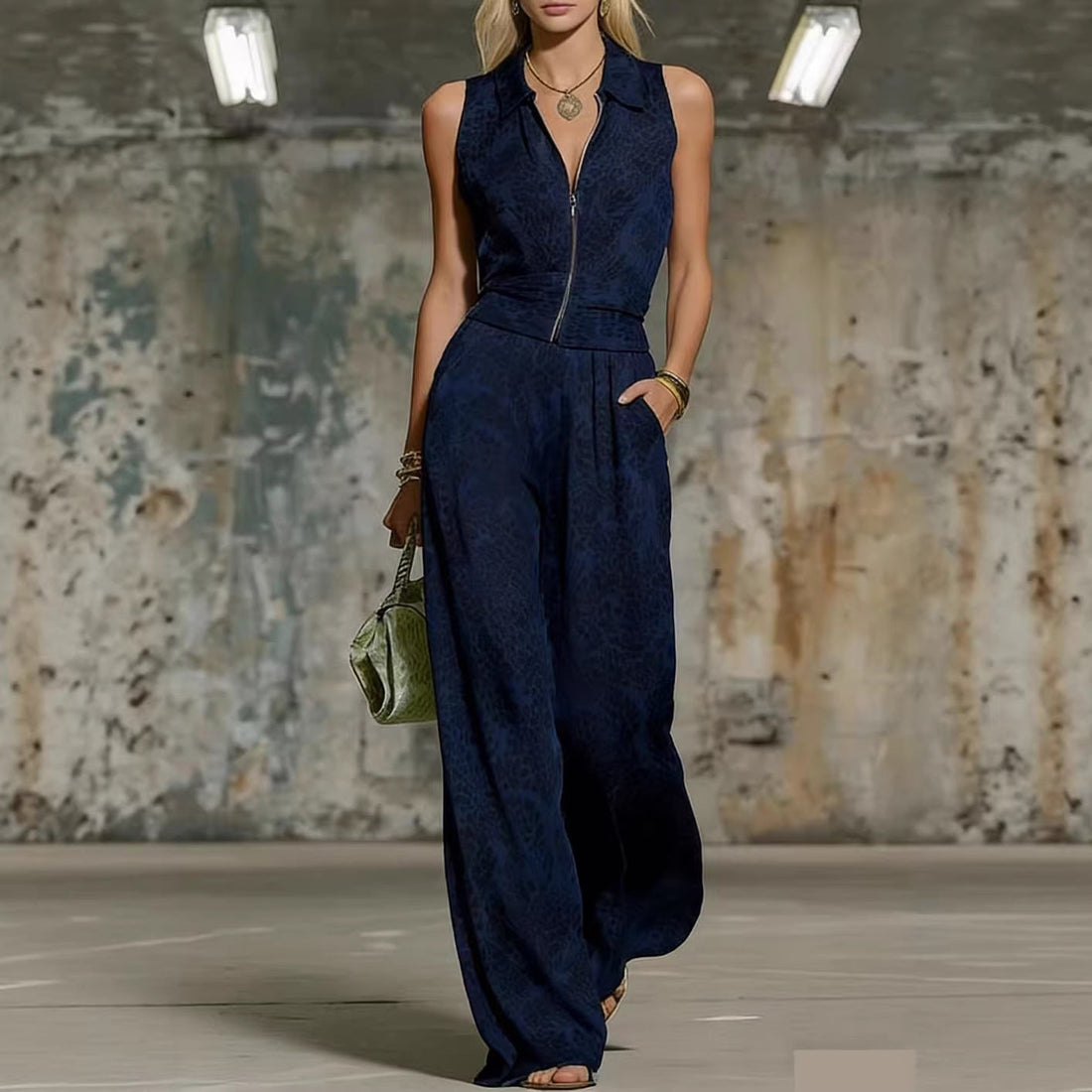 Women's Floral Print Sleeveless Zip-Up Wide Leg Jumpsuit