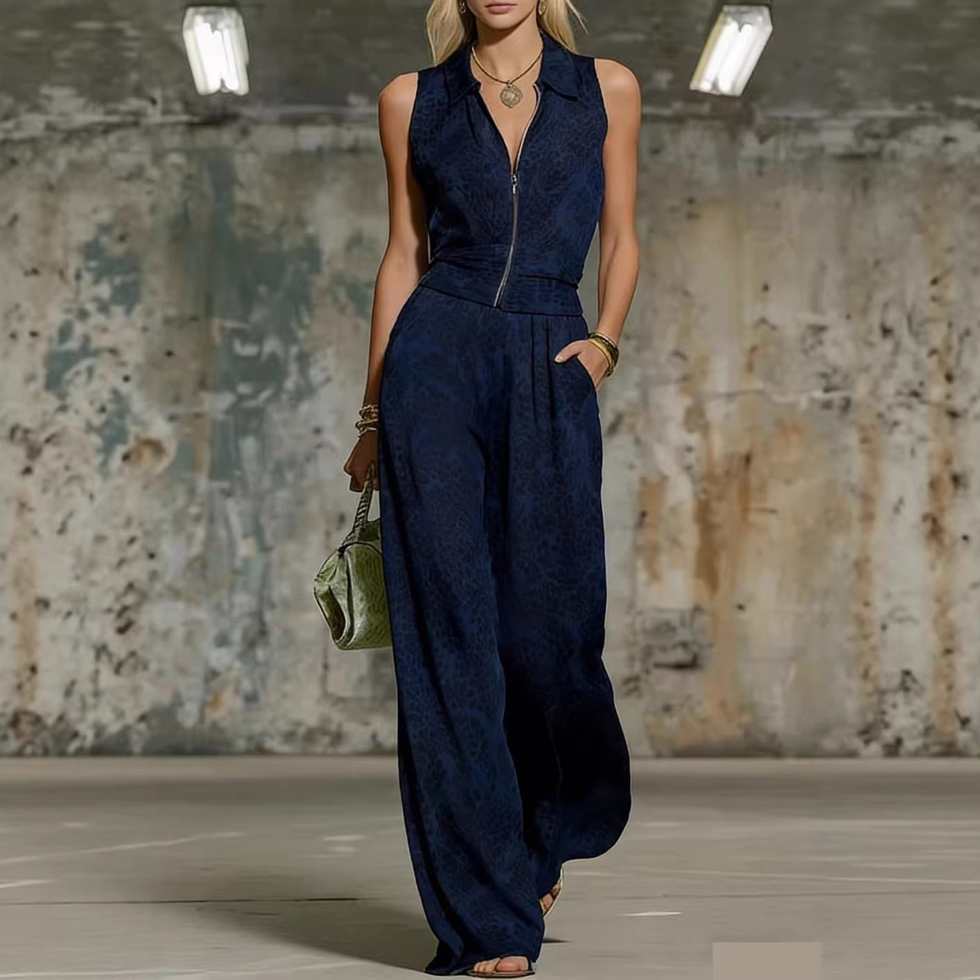 Women's Floral Print Sleeveless Zip-Up Wide Leg Jumpsuit