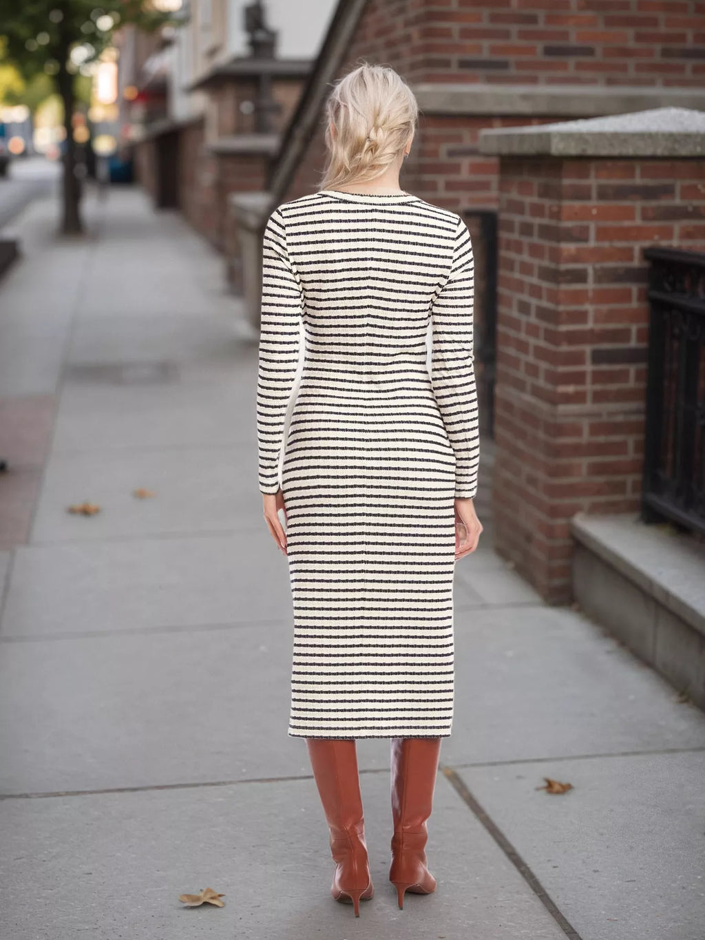 Slit Striped Long Sleeve Dress
