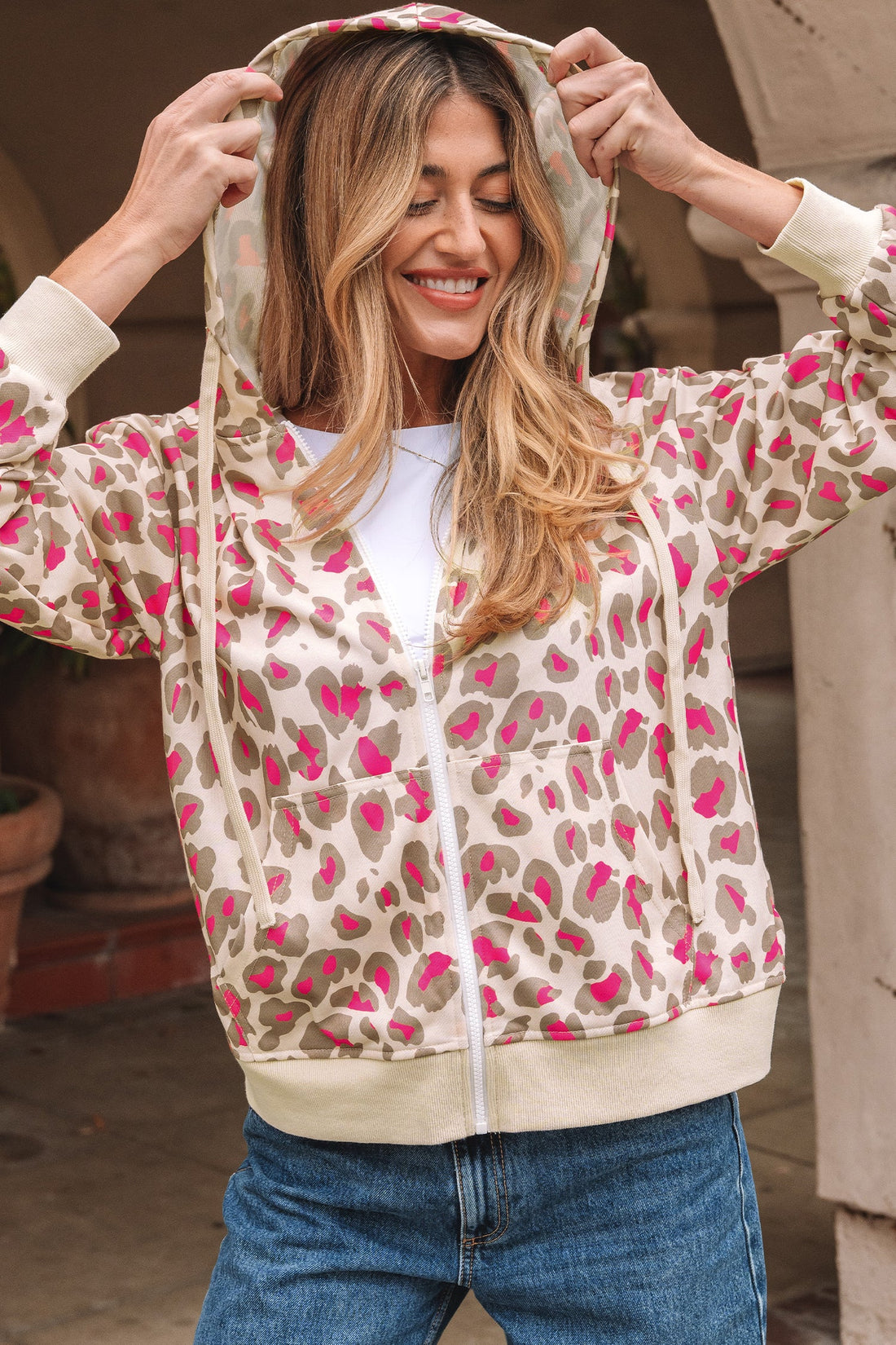 Women's Leopard Print Zip-Up Hooded Sweatshirt - Casual Cozy Layer