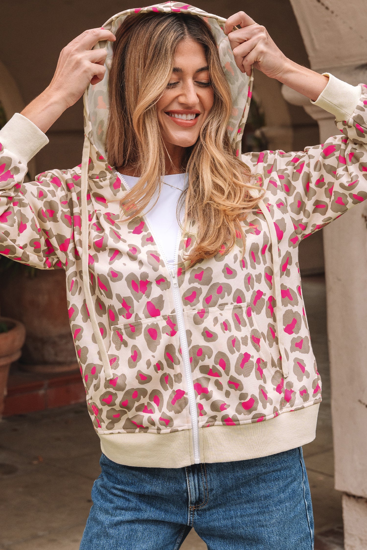 Women's Leopard Print Zip-Up Hooded Sweatshirt - Casual Cozy Layer