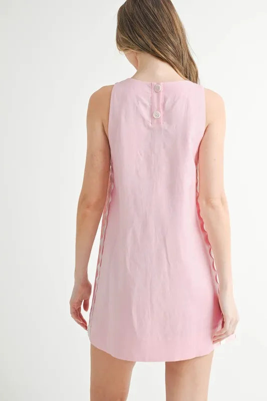 Linen Mix Ric Rac A-Line Mini Dress in Pink and White