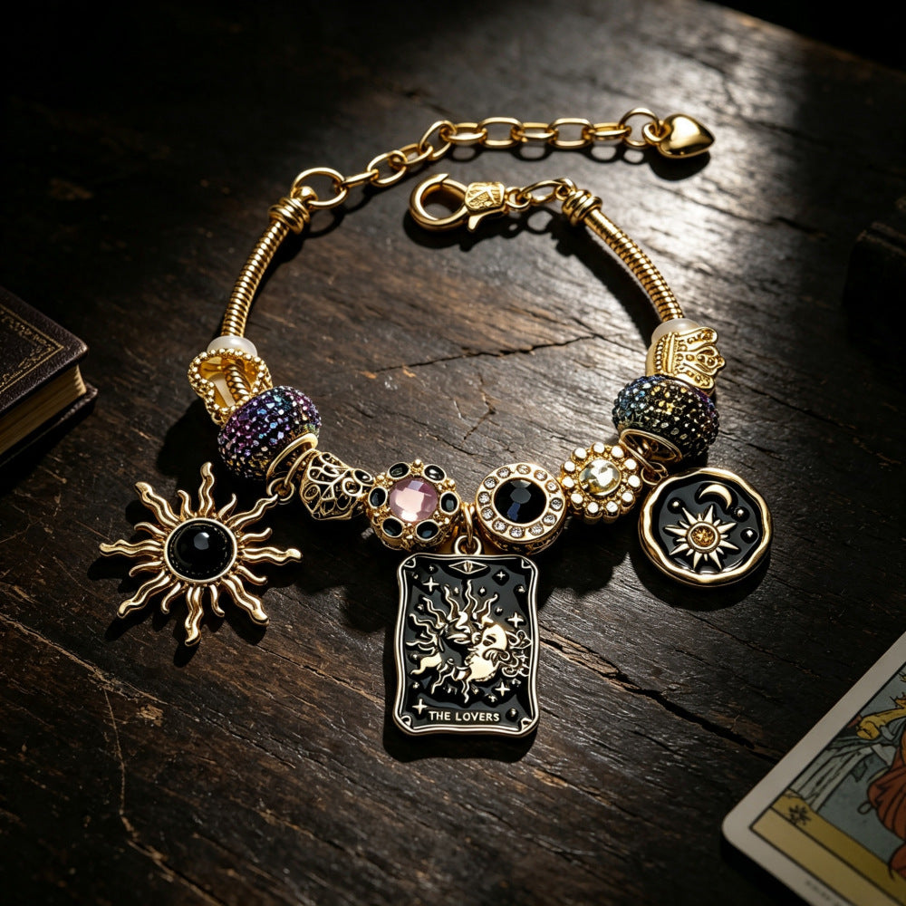 Retro Black-and-Gold Tarot Lovers Card Beaded Bracelet