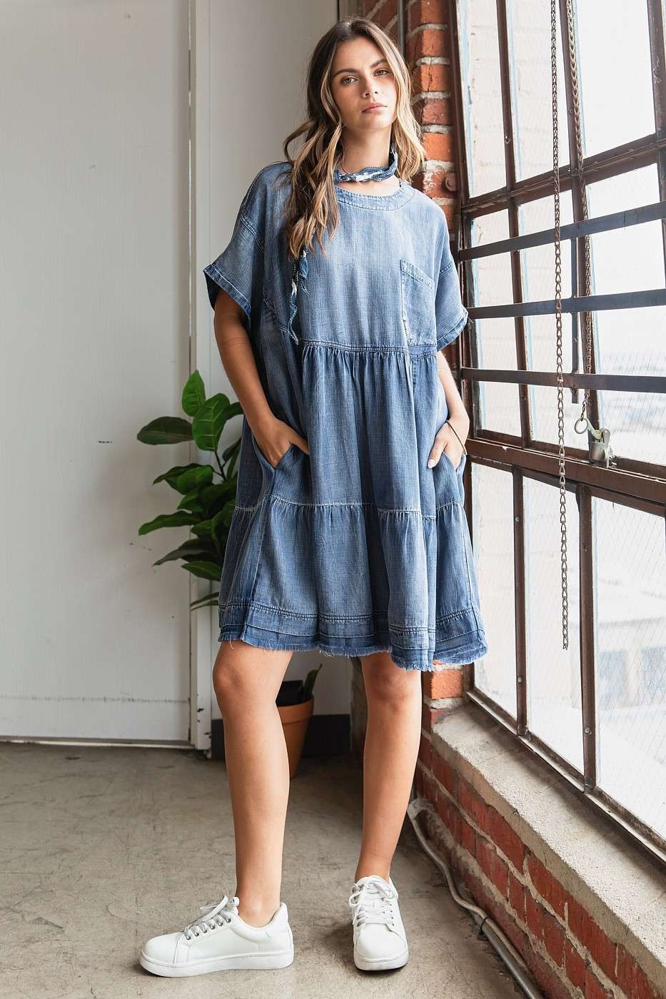 Oversized Denim Mini Dress: Relaxed Bohemian Shift Dress in Blue