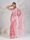 Light pink soft Burberry ceremonial saree featuring intricate thread work