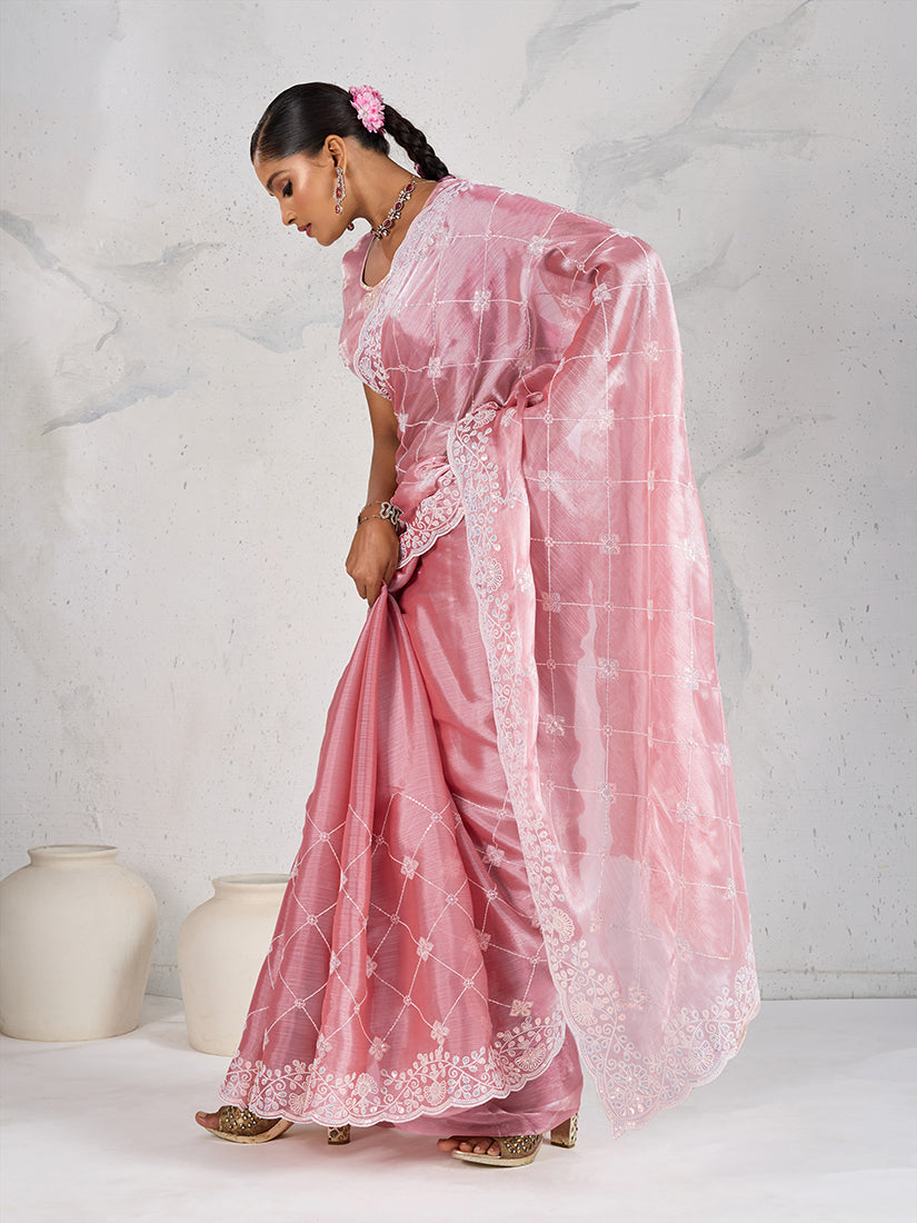 Light Pink Thread Work Soft Burberry Ceremonial Trendy Saree
