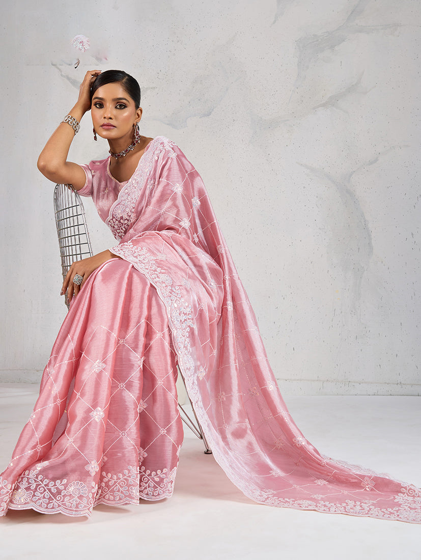 Light Pink Thread Work Soft Burberry Ceremonial Trendy Saree