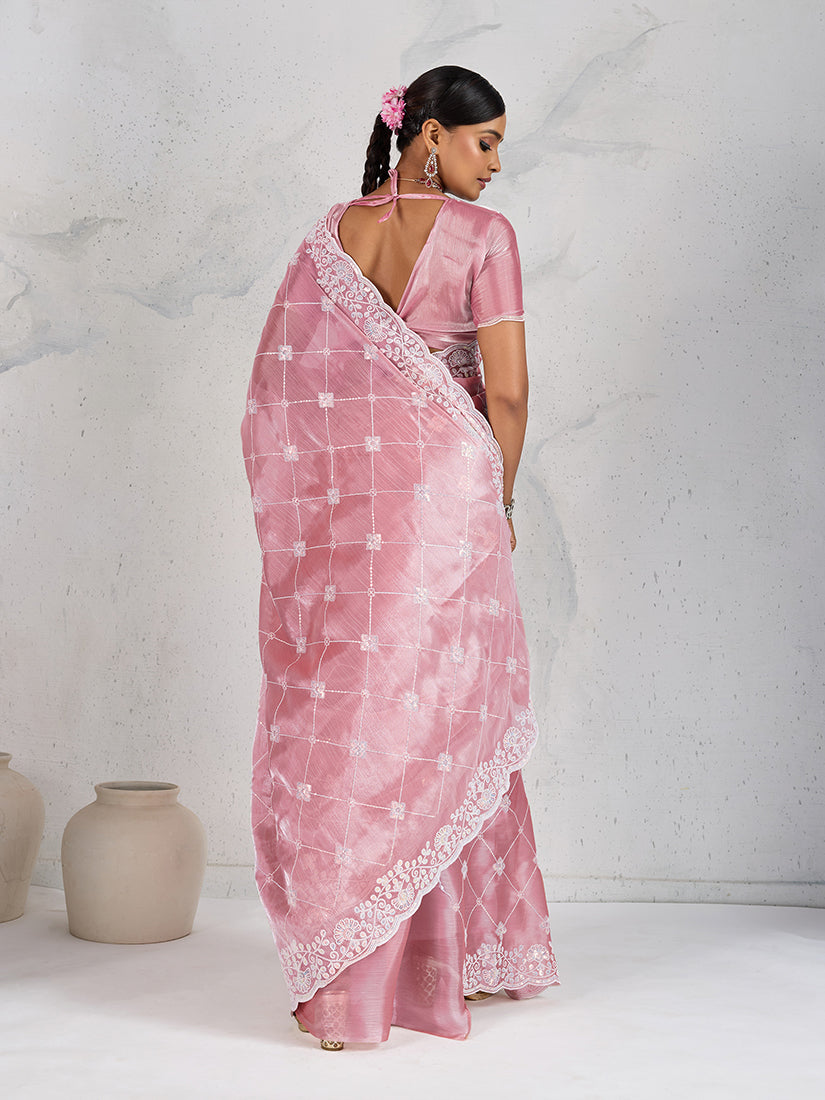Light Pink Thread Work Soft Burberry Ceremonial Trendy Saree