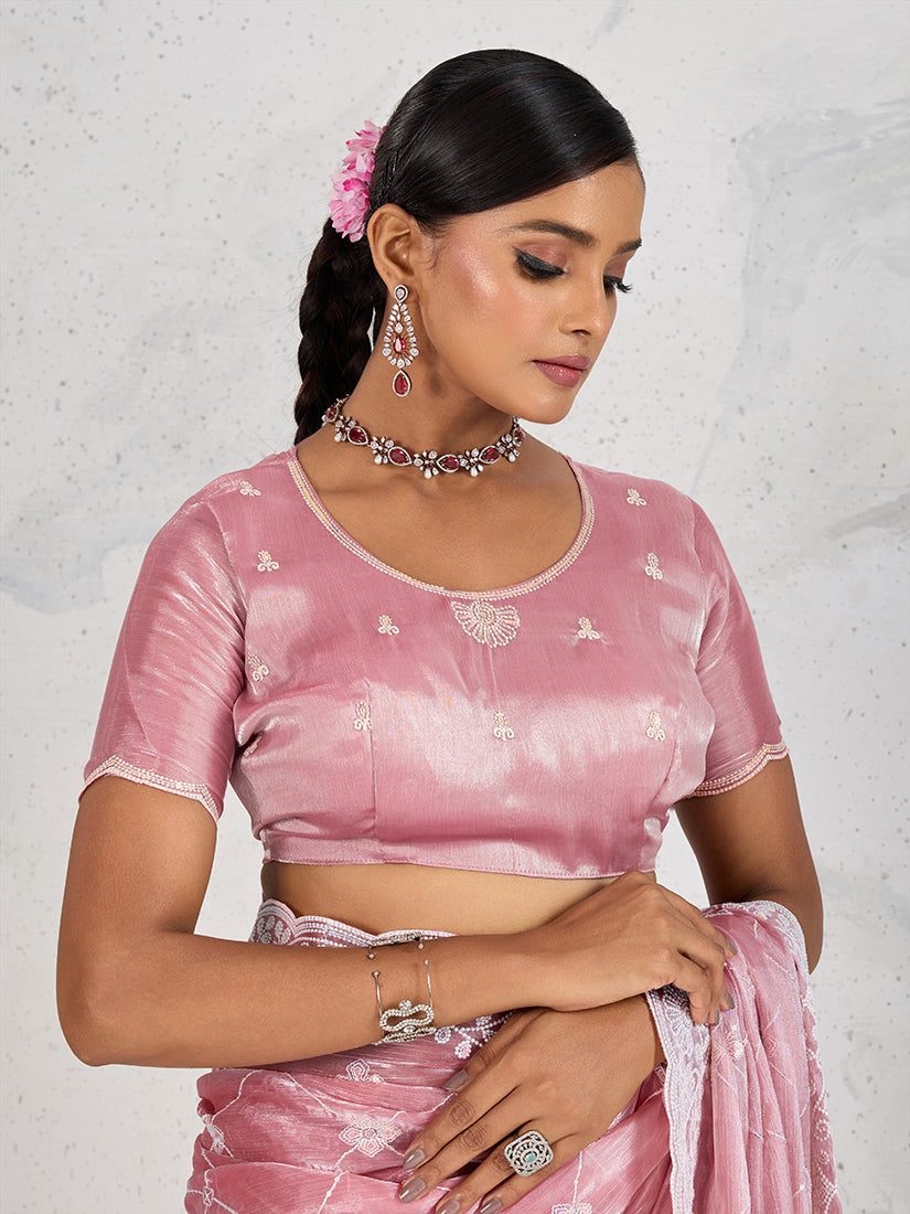 Light Pink Thread Work Soft Burberry Ceremonial Trendy Saree