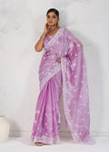 Lavender soft burberry saree adorned with intricate thread work
