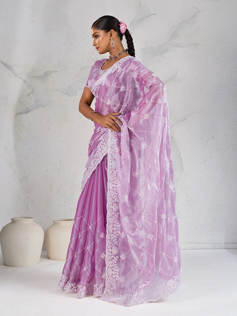 Lavender Thread Work Soft Burberry Ceremonial Trendy Saree