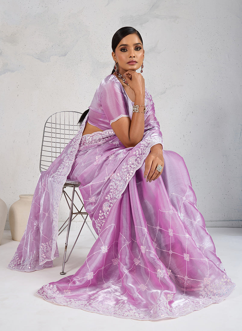 Lavender Thread Work Soft Burberry Ceremonial Trendy Saree