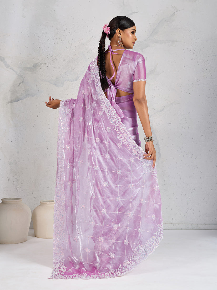 Lavender Thread Work Soft Burberry Ceremonial Trendy Saree
