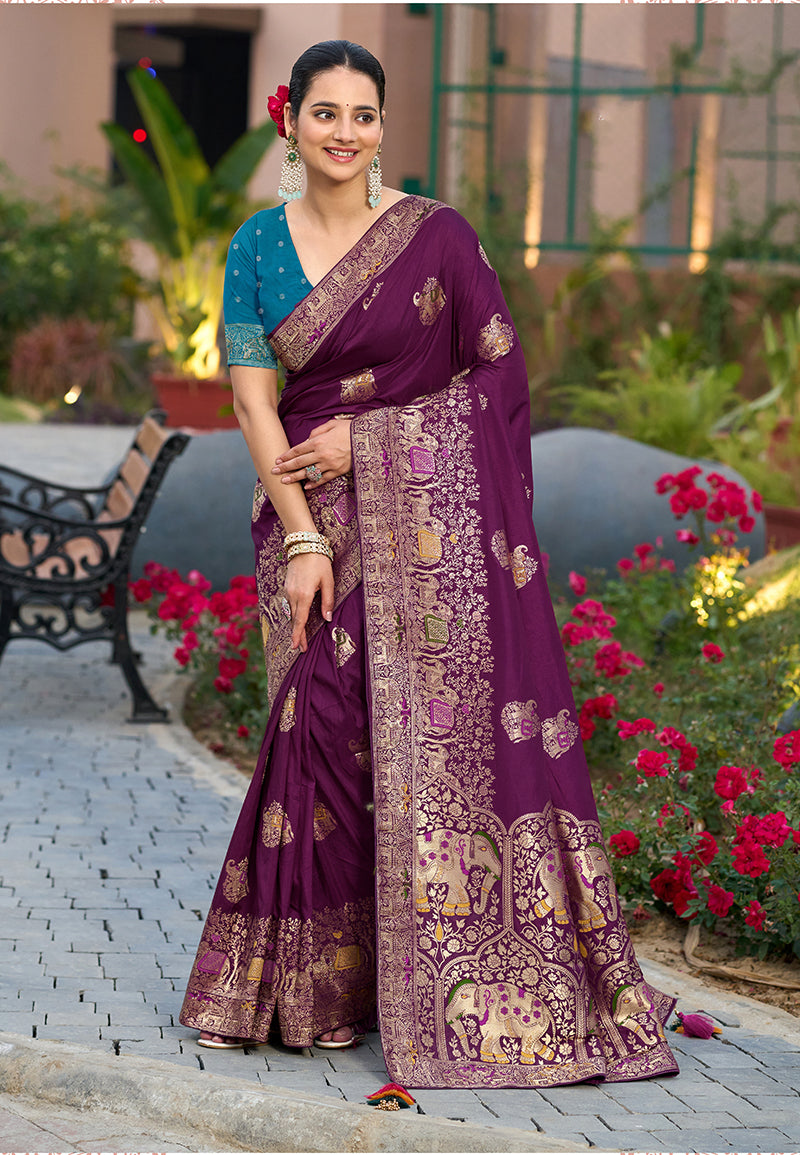 Beautiful purple Dola silk traditional Indian saree with matching blouse fabric
