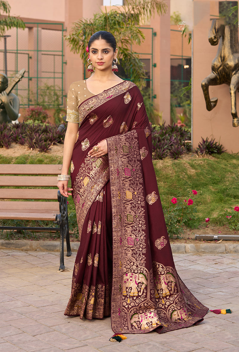 Deep Maroon Dola Silk traditional saree for formal occasions.