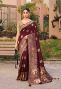 Deep Maroon Dola Silk traditional saree for formal occasions.