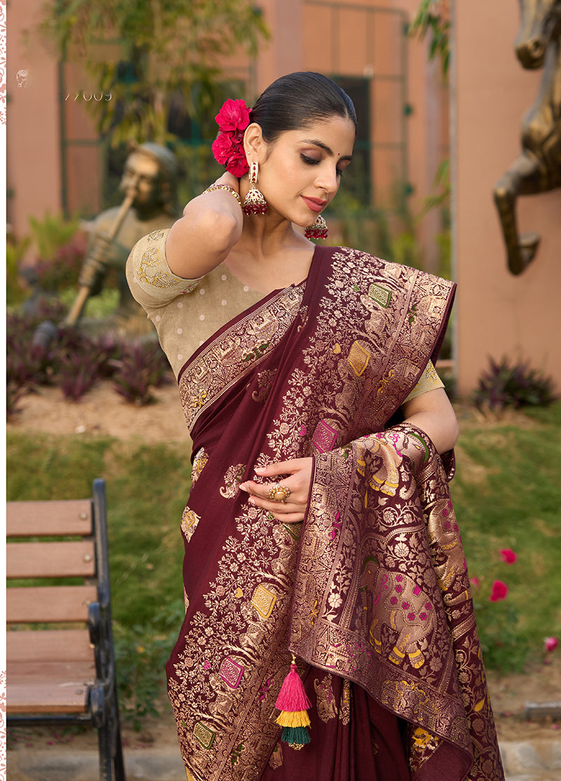 Maroon Dola Silk Traditional Saree with Matching Blouse