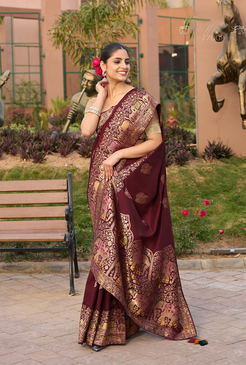 Maroon Dola Silk Traditional Saree with Matching Blouse