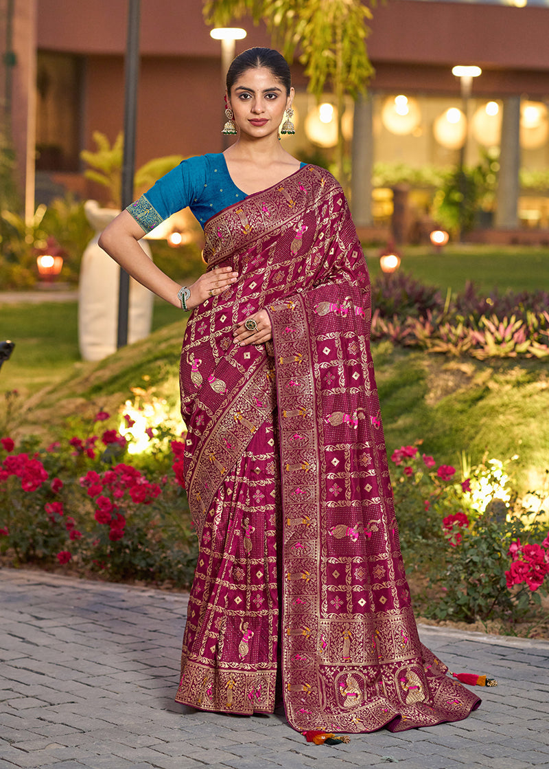 Dark Pink Dola Silk Gharchola Design Saree with Rich Pallu