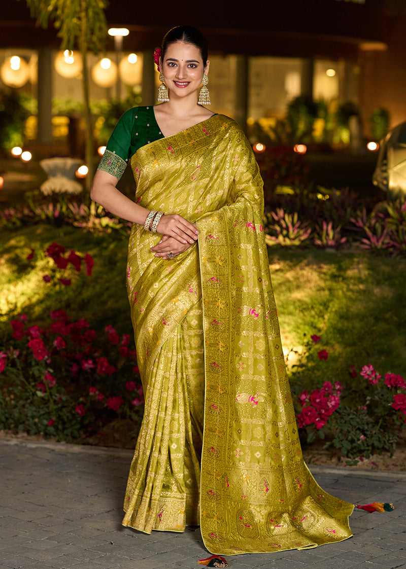 Parrot Green Dola Silk Gharchola designer saree with rich pallu
