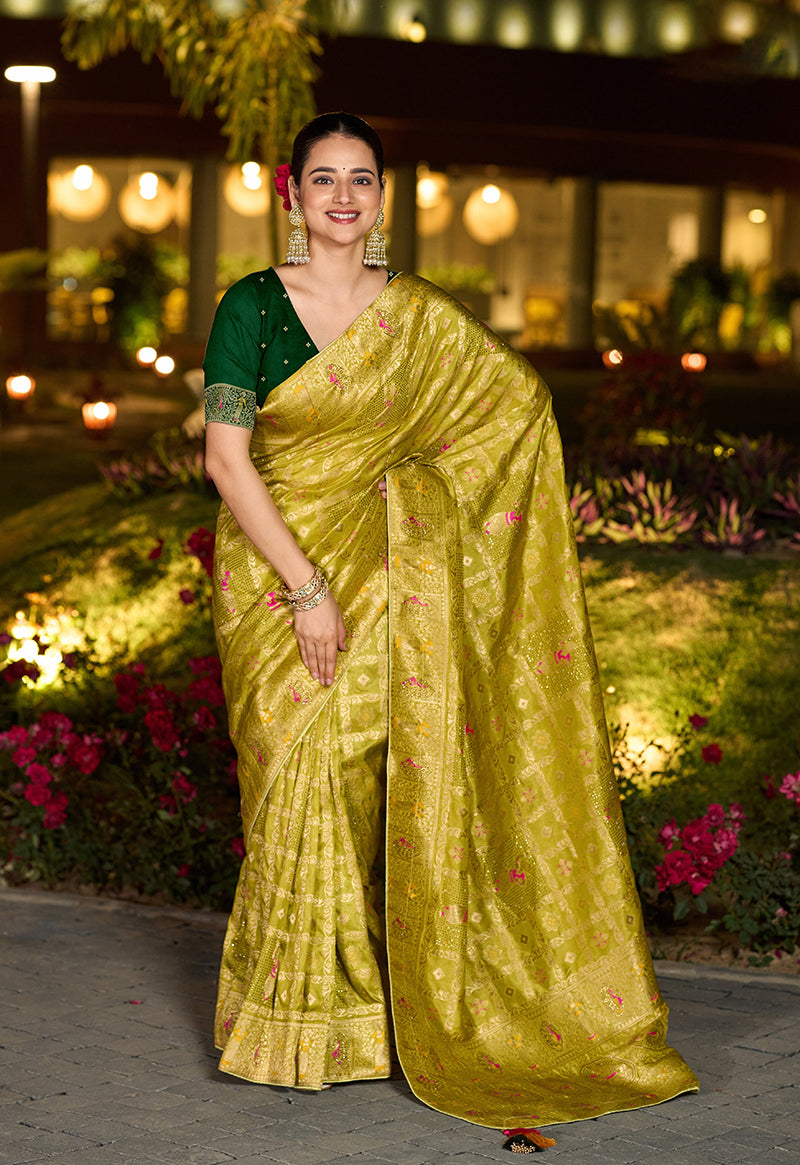 Parrot Green Dola Silk Gharchola Designer Saree with Rich Pallu