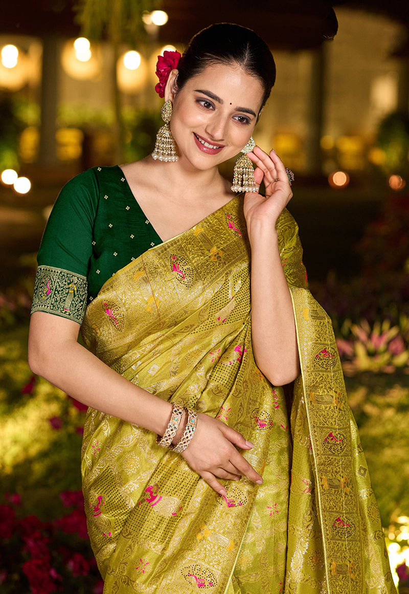 Parrot Green Dola Silk Gharchola Designer Saree with Rich Pallu