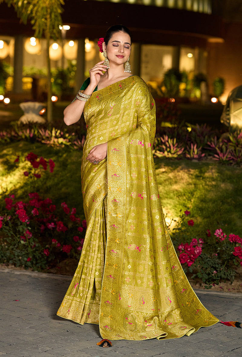 Parrot Green Dola Silk Gharchola Designer Saree with Rich Pallu
