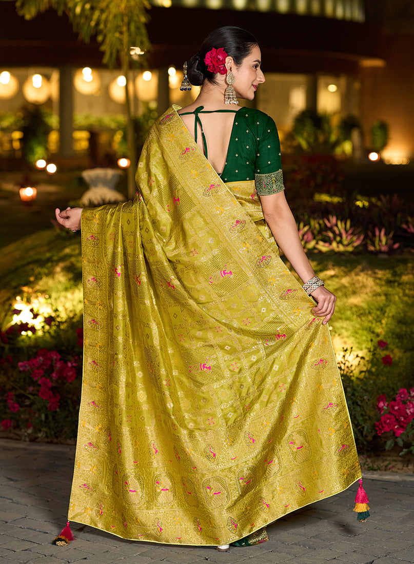 Parrot Green Dola Silk Gharchola Designer Saree with Rich Pallu