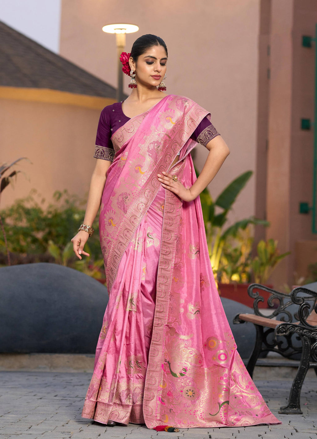 Light pink Dola Silk saree featuring intricate Meenakari weaving