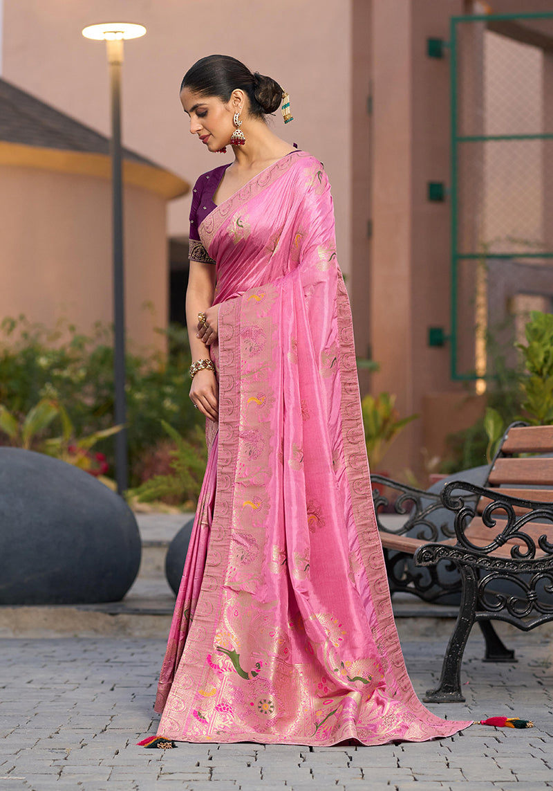 Light Pink Dola Silk Meenakari Weave Traditional Saree