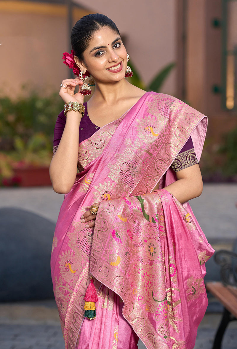 Light Pink Dola Silk Meenakari Weave Traditional Saree