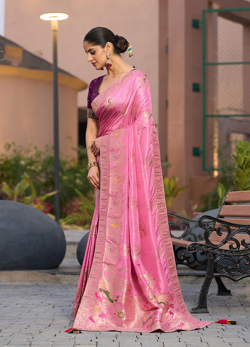 Light Pink Dola Silk Meenakari Weave Traditional Saree