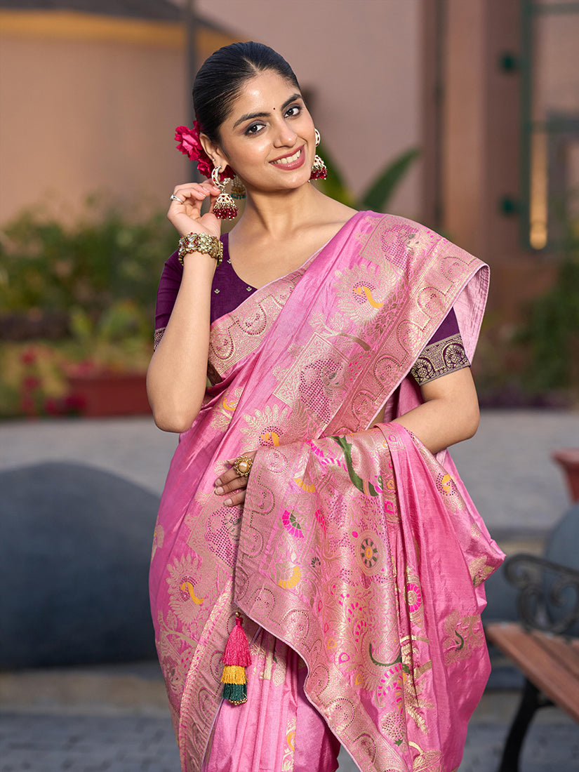 Light Pink Dola Silk Meenakari Weave Traditional Saree