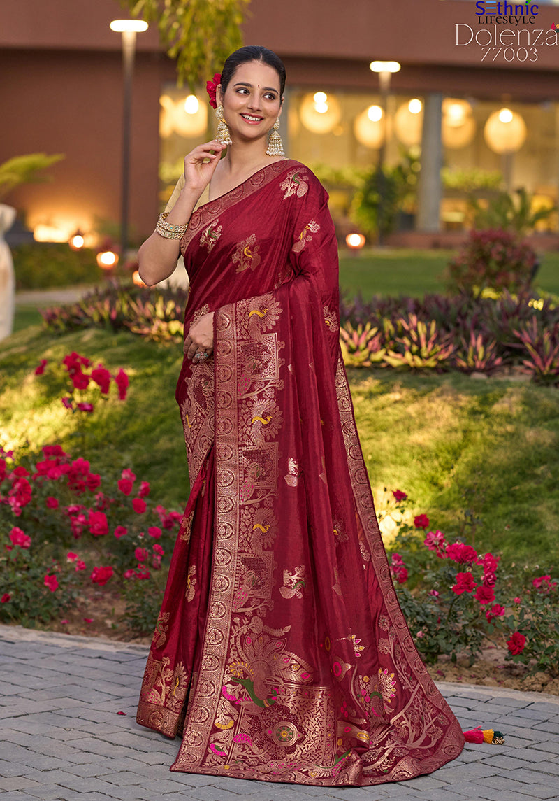 Maroon Dola Silk Traditional Saree with Meenakari Weave