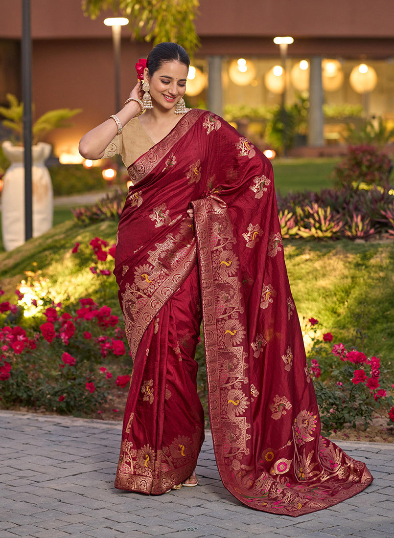 Maroon Dola Silk Traditional Saree with Meenakari Weave