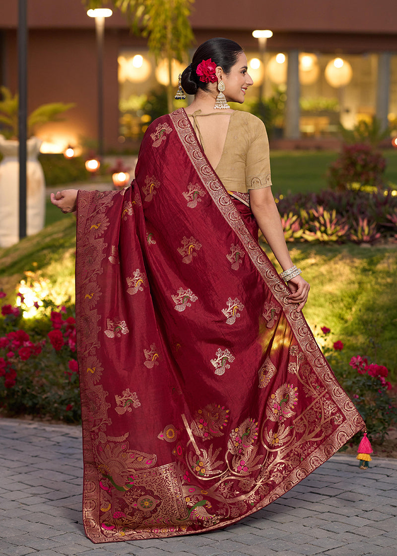 Maroon Dola Silk Traditional Saree with Meenakari Weave