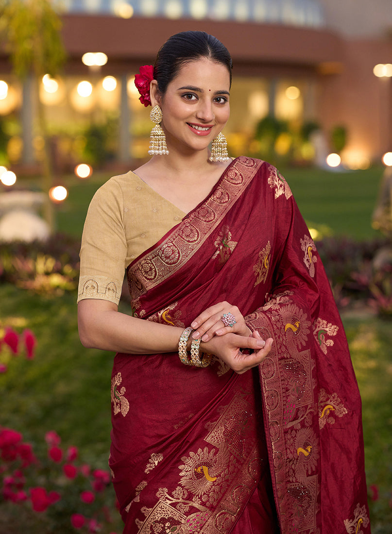 Maroon Dola Silk Traditional Saree with Meenakari Weave