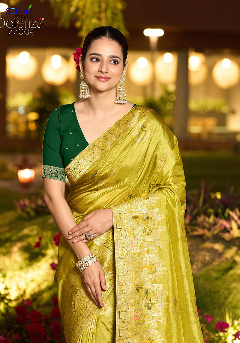Parrot Green Dola Silk Meenakari Weave Traditional Saree