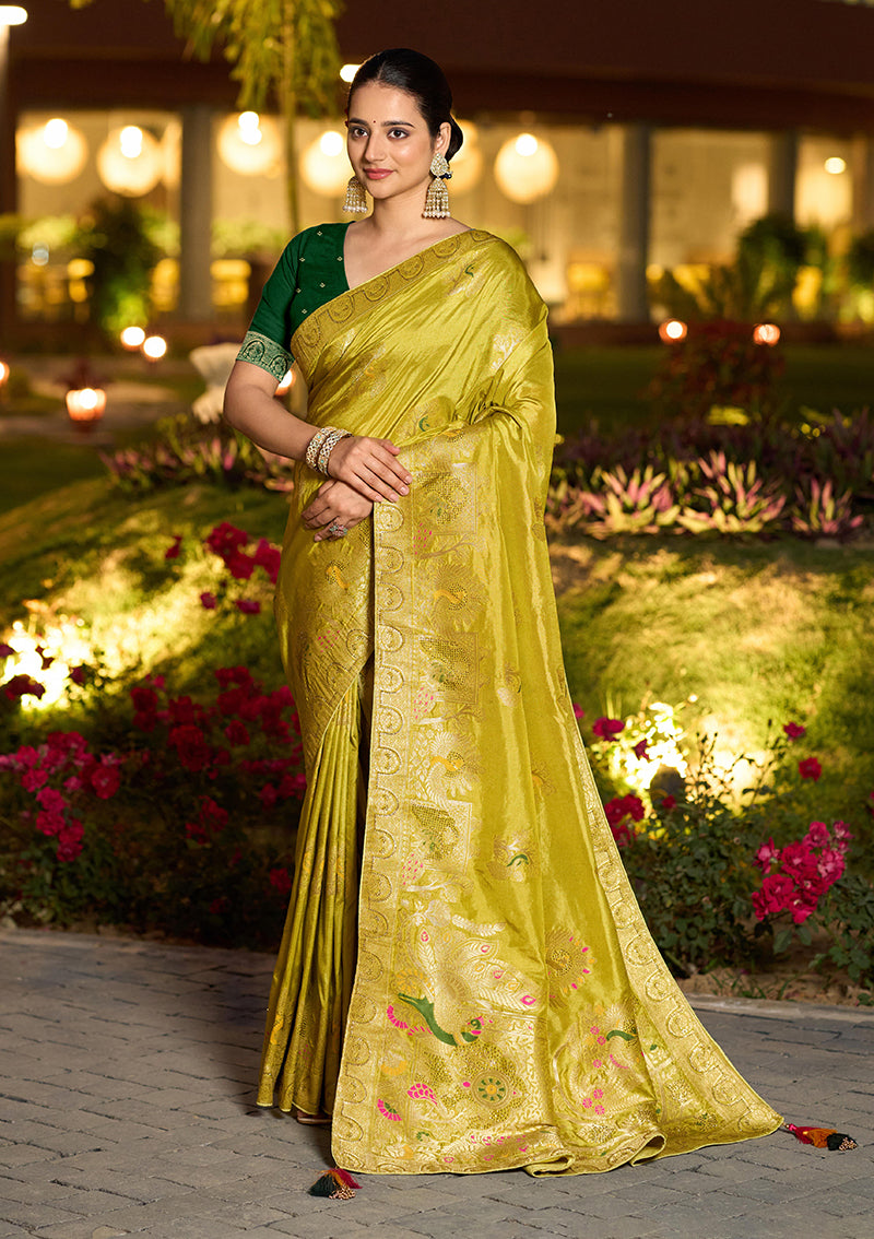Parrot Green Dola Silk Meenakari Weave Traditional Saree
