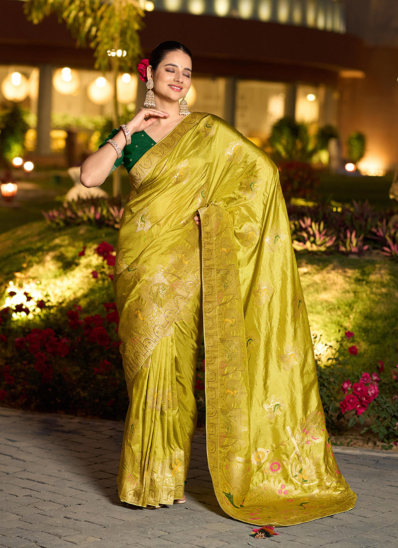 Parrot Green Dola Silk Meenakari Weave Traditional Saree
