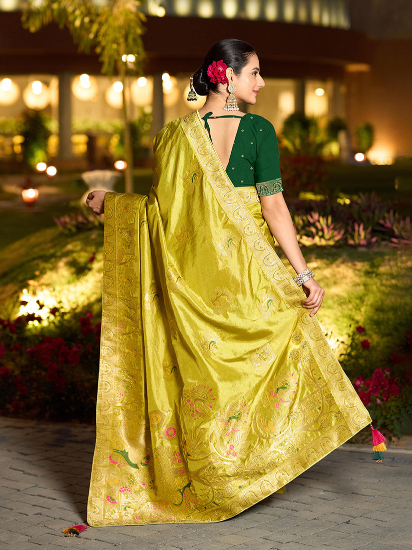 Parrot Green Dola Silk Meenakari Weave Traditional Saree