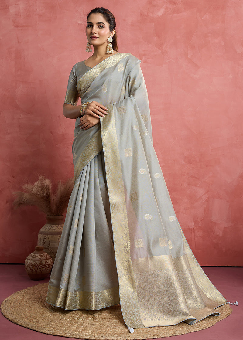 Elegant light grey soft silk weaving saree with matching blouse piece for formal events