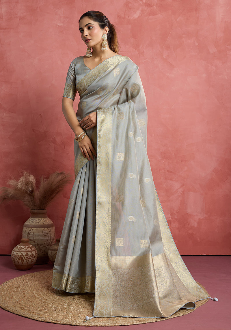 Light Grey Soft Silk Weaving Saree for Ceremonial Occasions